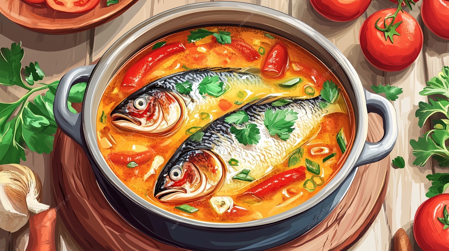 锅中鲜鱼靓汤插画