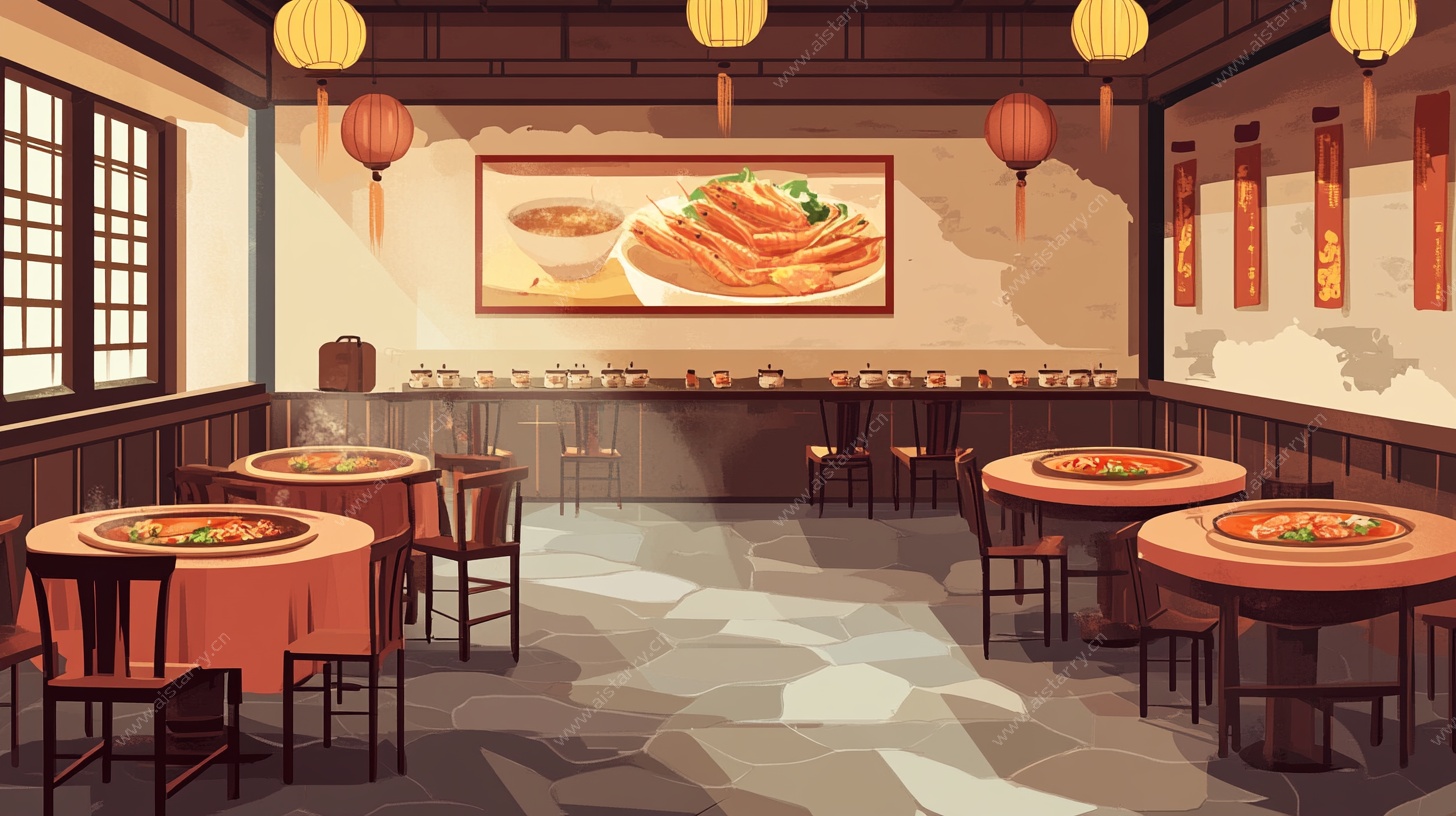 中式餐厅室内场景插画