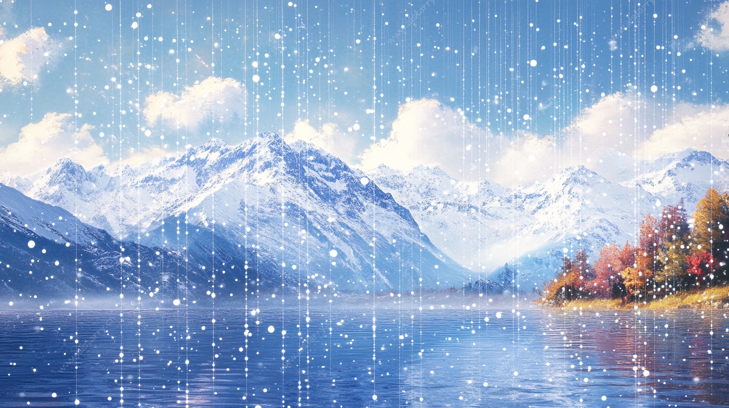 雪覆山峦湖畔美景