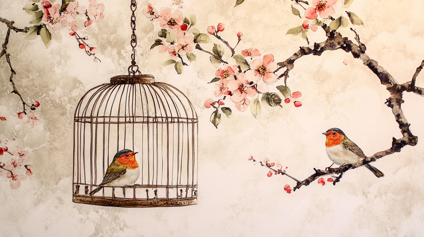 鸟栖花树间鸟笼装饰图