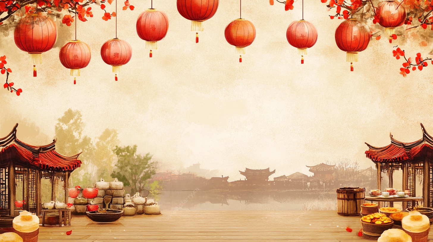 中式古风灯笼庭院场景图