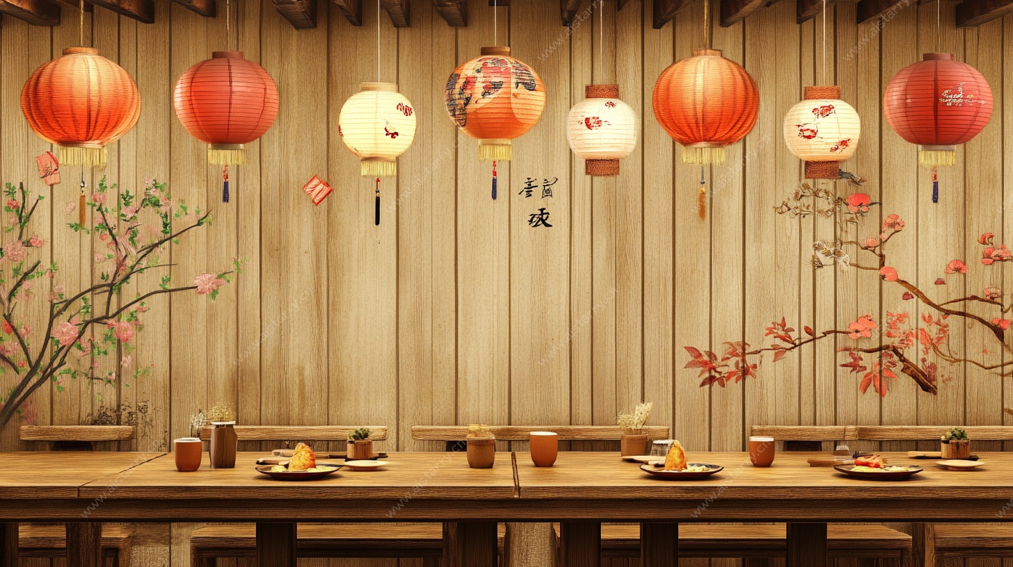 中式餐厅灯笼与餐桌布置