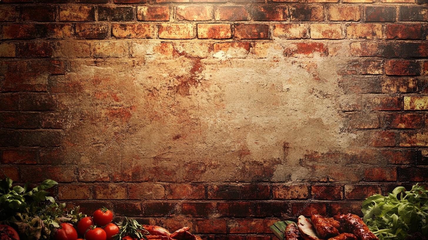 砖墙前的新鲜蔬果与烤肉