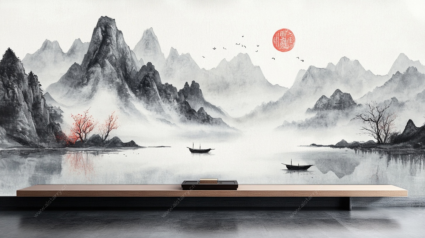 中式山水意境桌面场景图