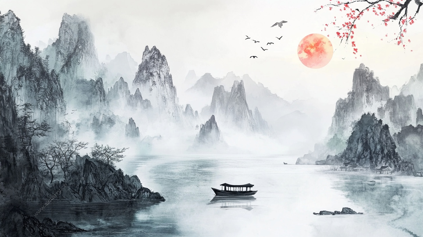 水墨山水孤舟图