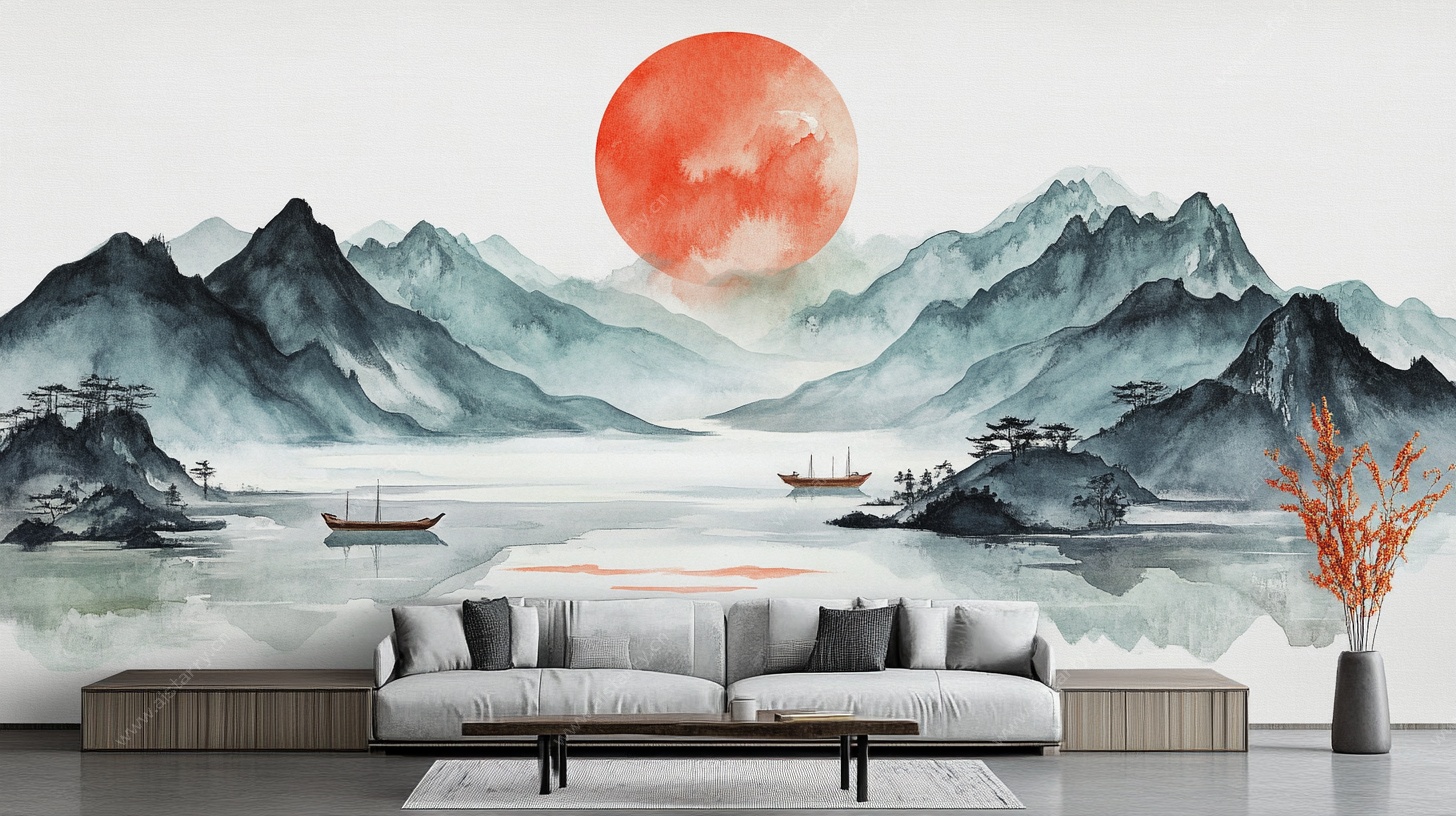 中式山水客厅壁画意境图