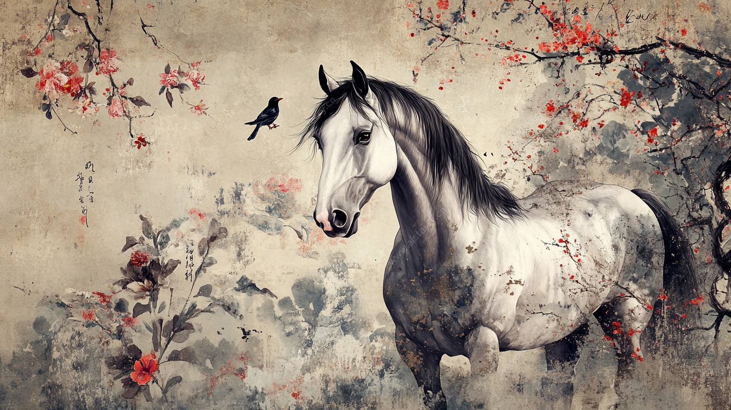 水墨骏马图 花鸟相伴