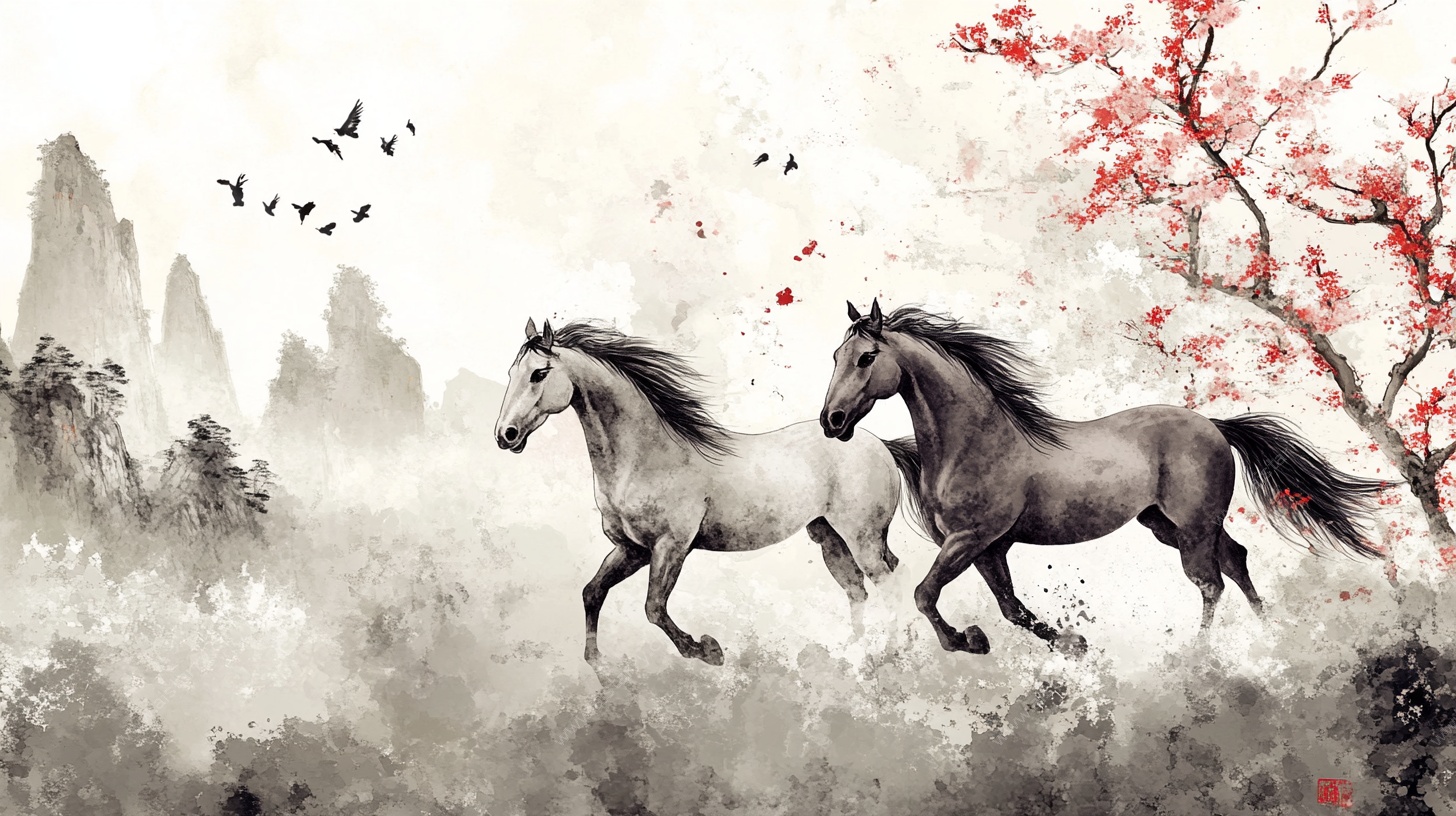 水墨双马奔腾图