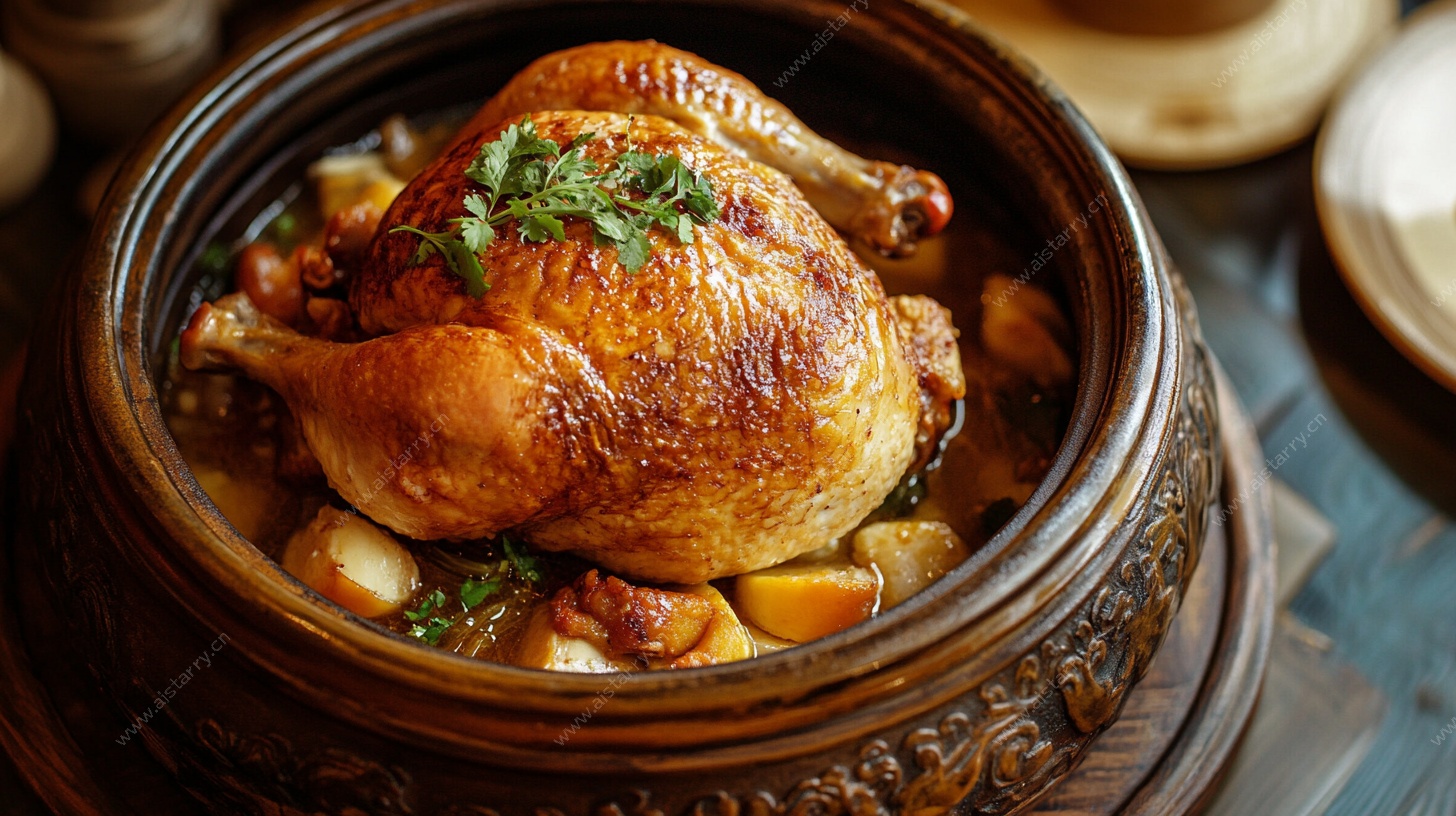 砂锅烤鸡配蔬菜