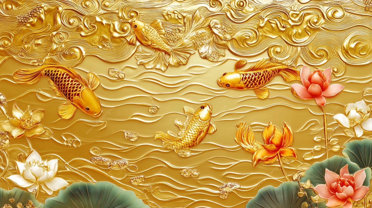 金色浮雕九鱼荷花图
