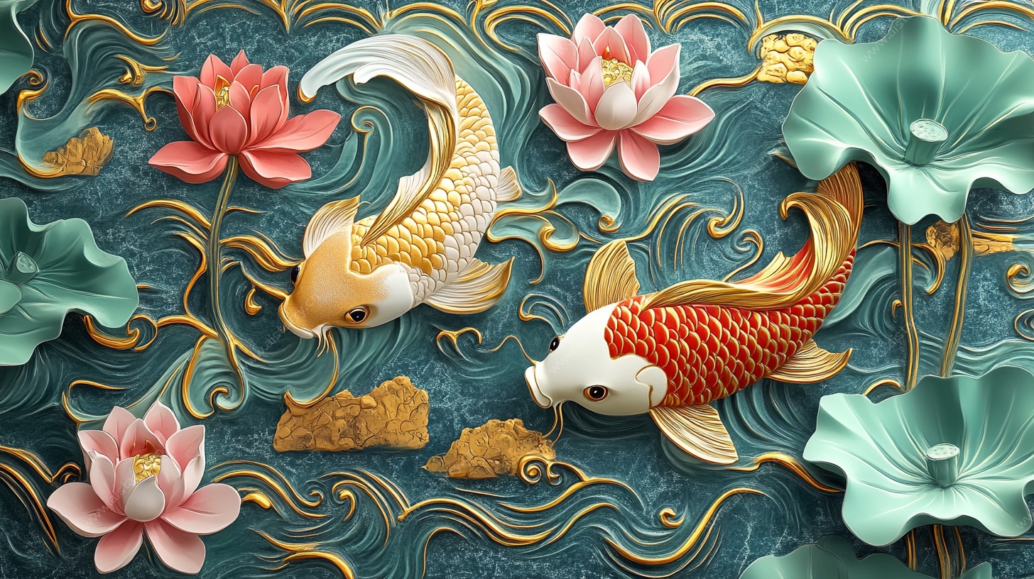 锦鲤戏荷浮雕艺术图