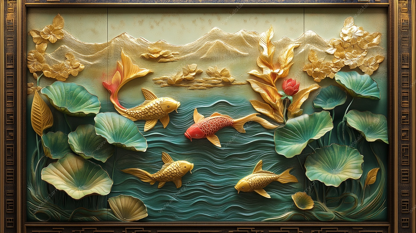 中式浮雕锦鲤荷塘图