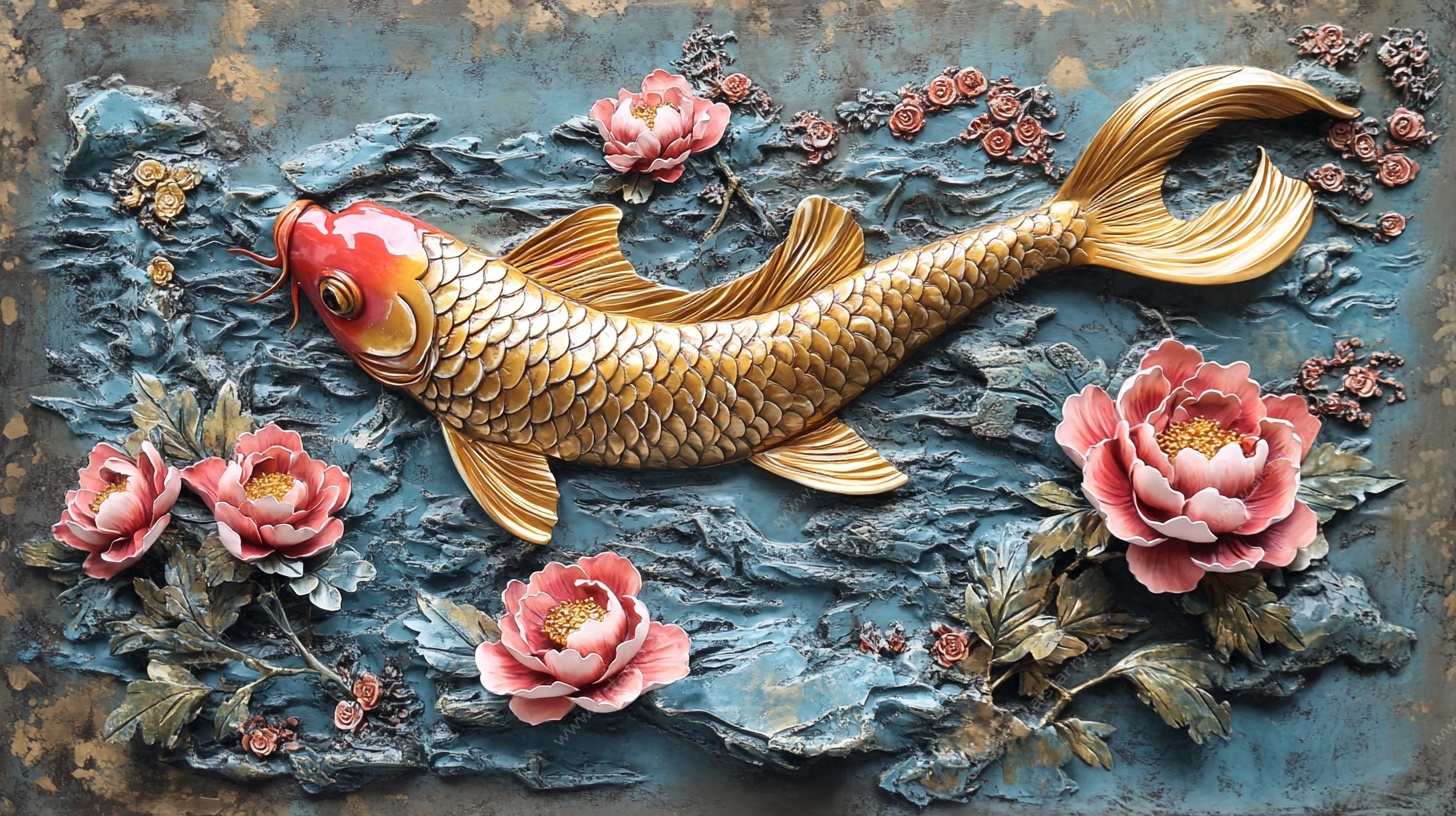 金鲤戏花浮雕