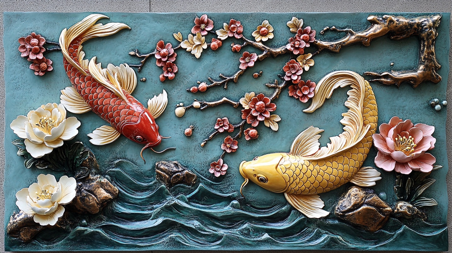 锦鲤花卉浮雕装饰艺术