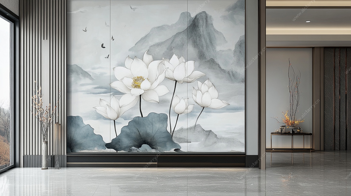 中式水墨荷花玄关壁画