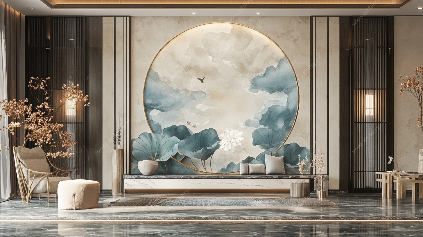 中式客厅 圆形水墨风壁画
