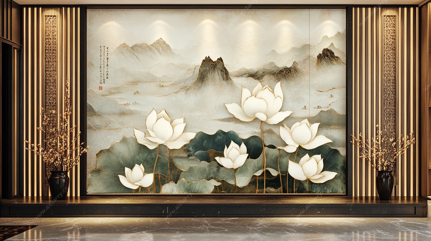 中式山水荷花玄关装饰画