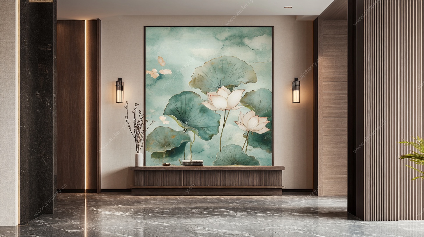 中式玄关荷花壁画装饰