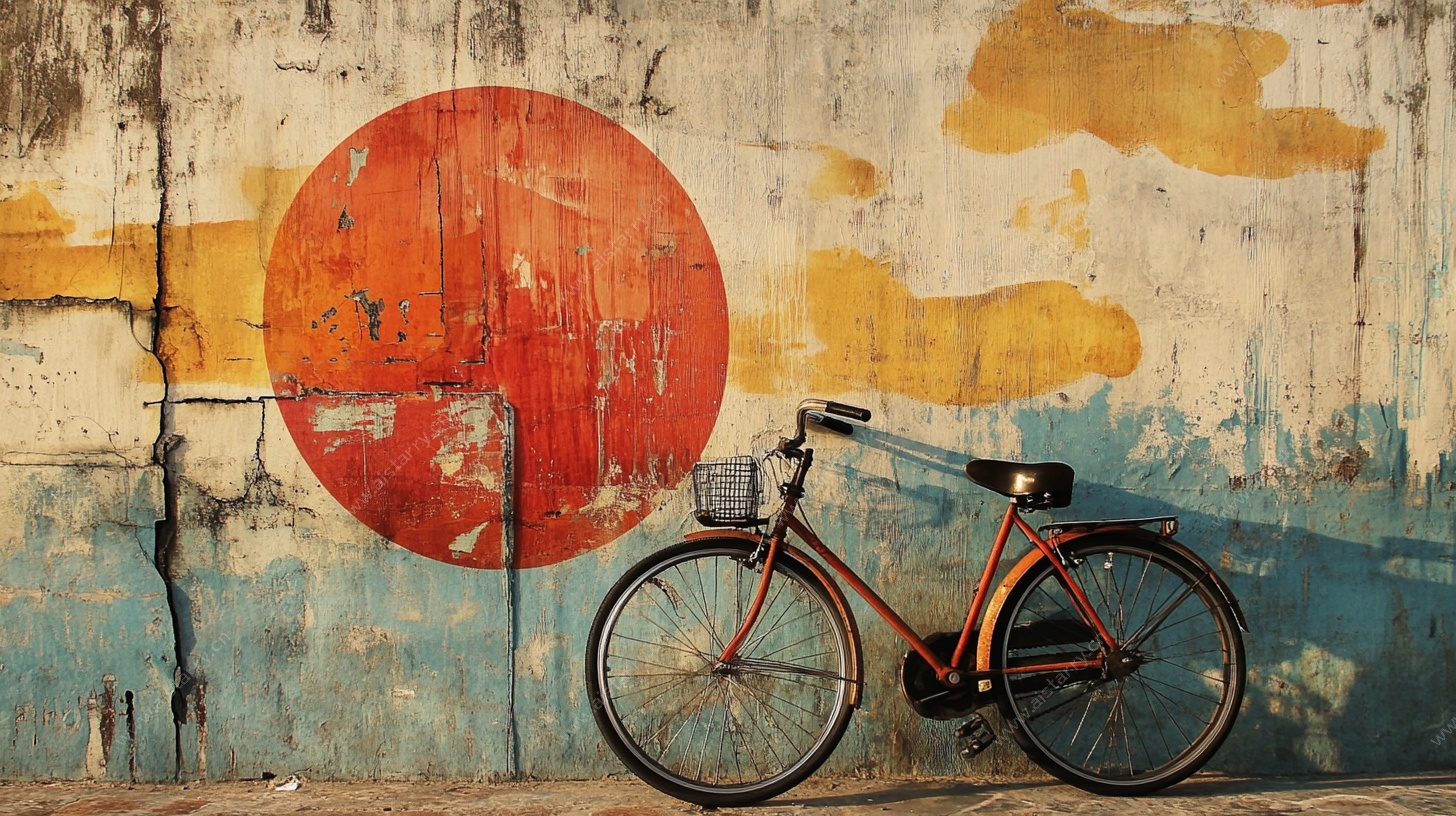 复古单车停靠于艺术墙前