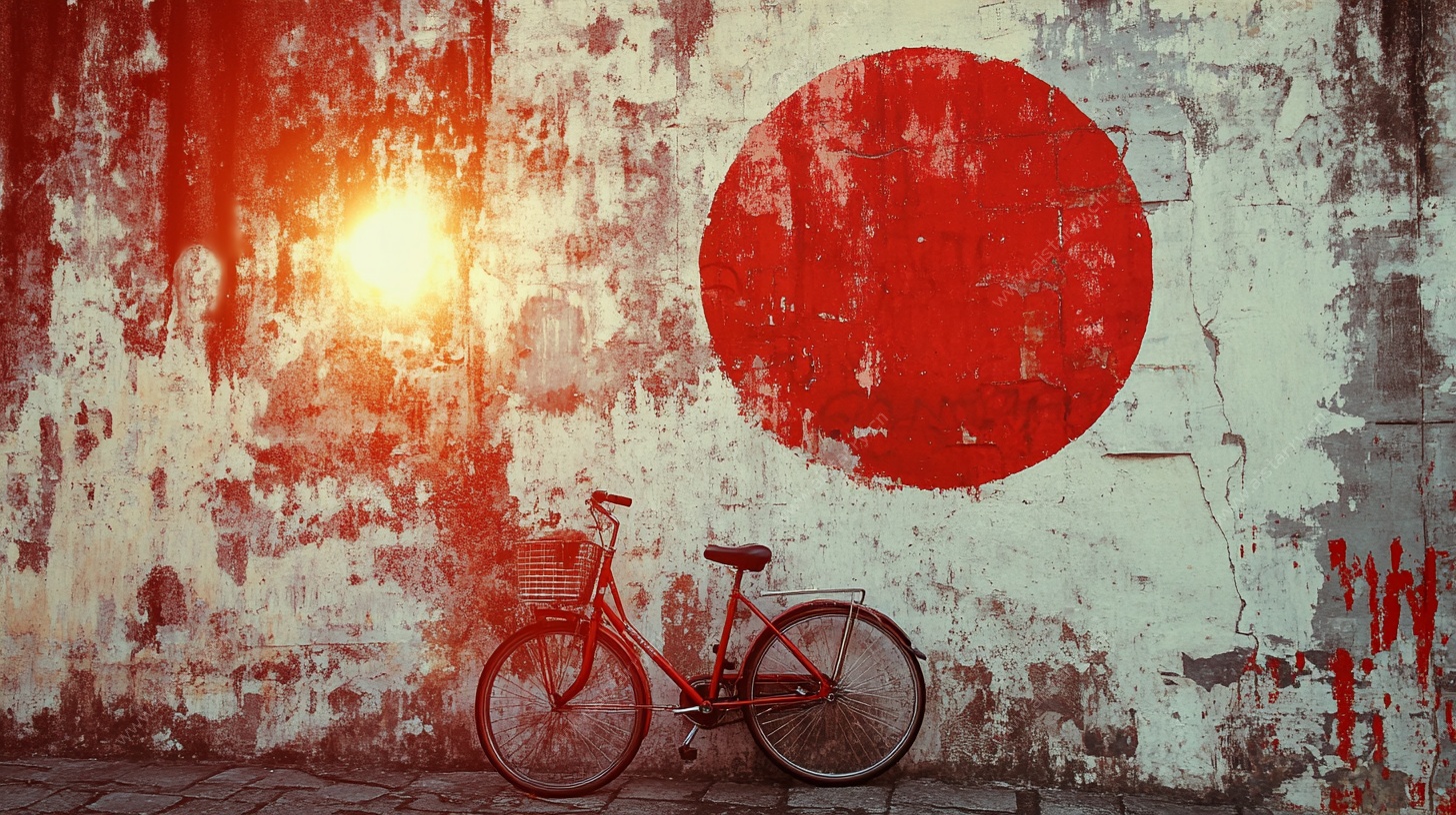 夕阳下的单车与日本风墙面