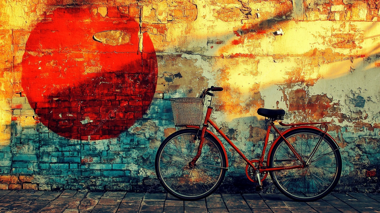 复古单车靠墙于斑驳墙面