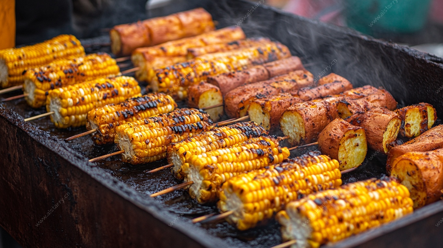 户外烤架上的美味玉米土豆