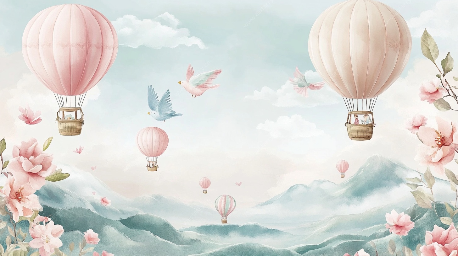 梦幻热气球花卉天空风景图