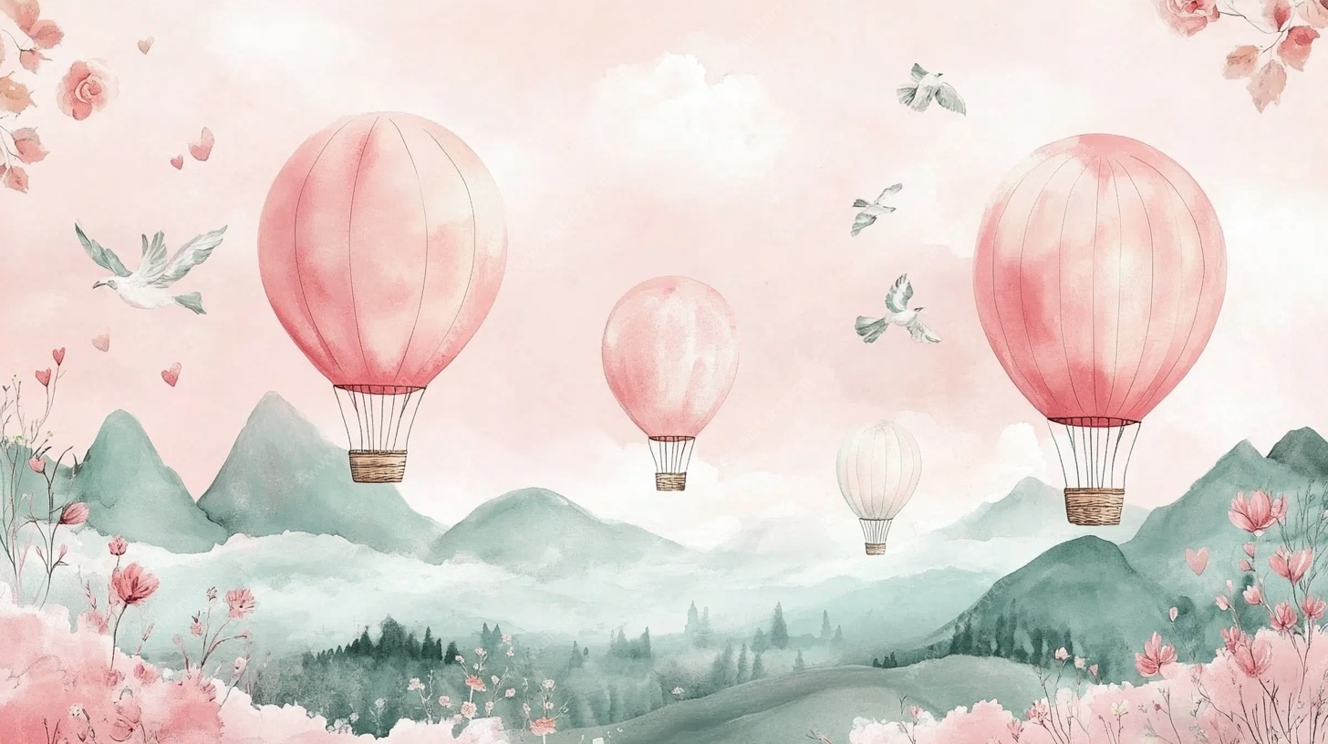 梦幻粉色热气球山林图景
