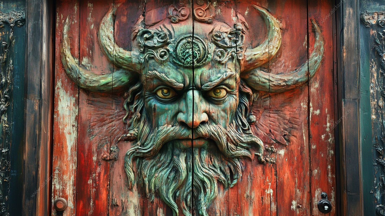 古老门饰上的恶魔青铜头像