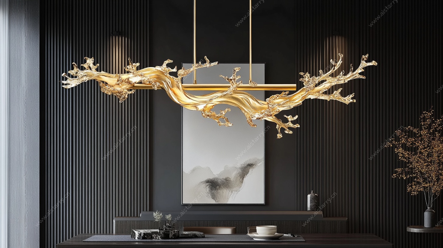 金色树枝艺术吊灯室内图