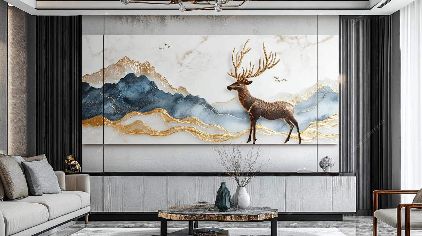 客厅中式鹿景山水壁画