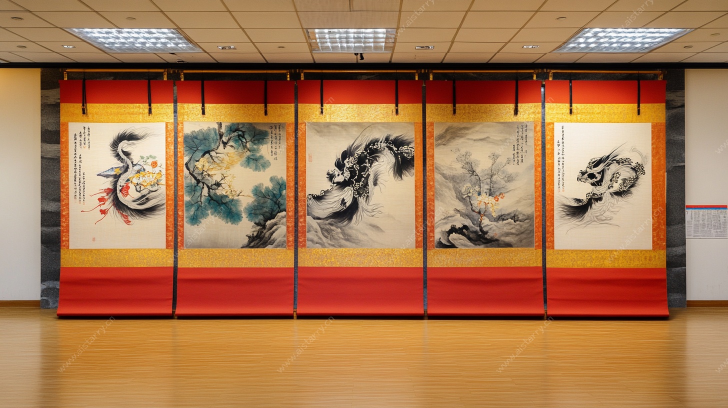 中式屏风艺术画作展示