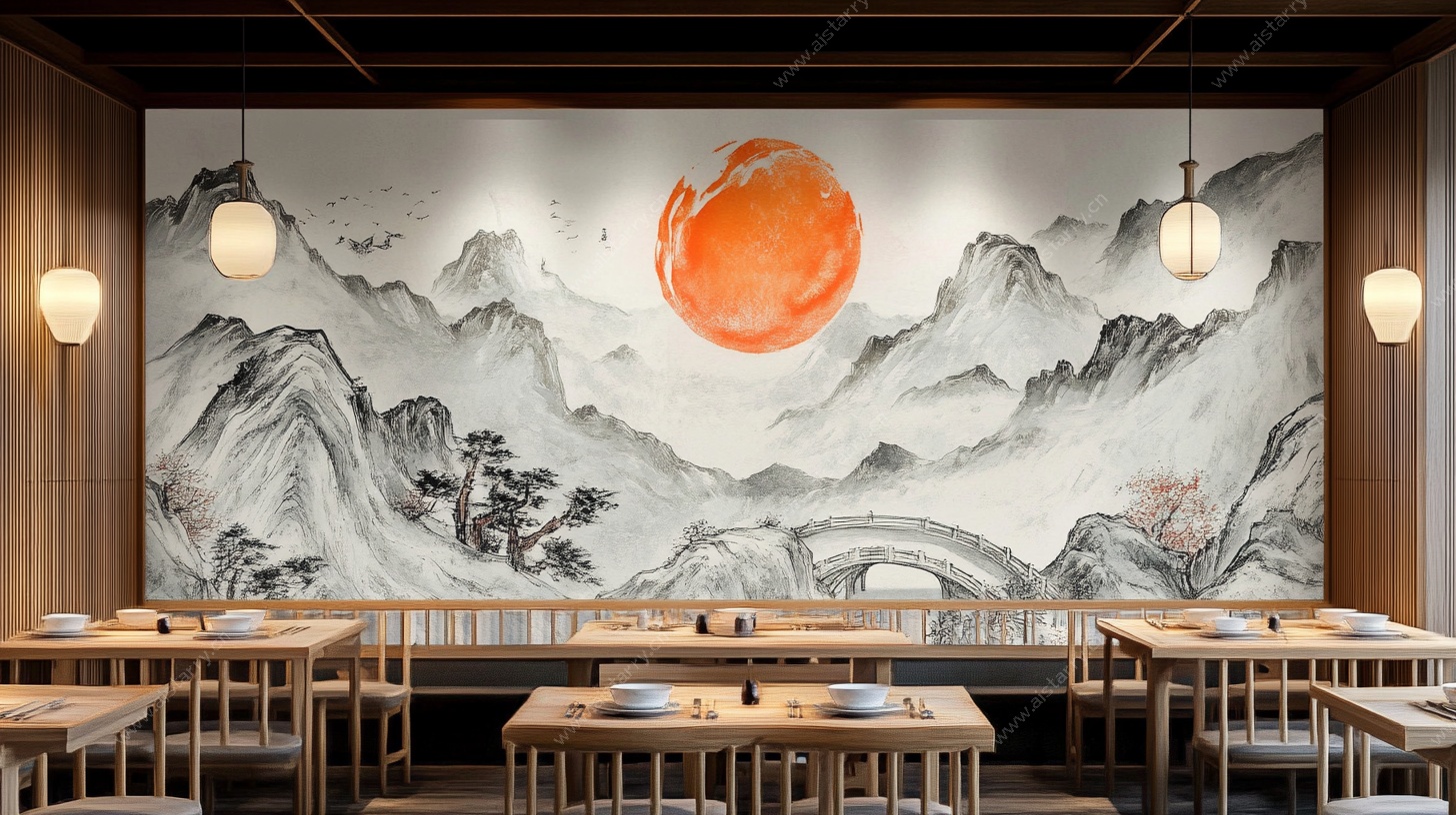 中式餐厅水墨山水壁画景