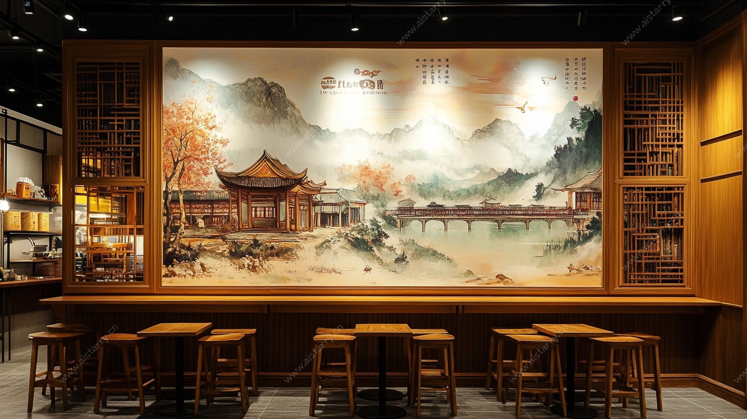 中式古风餐厅山水壁画场景