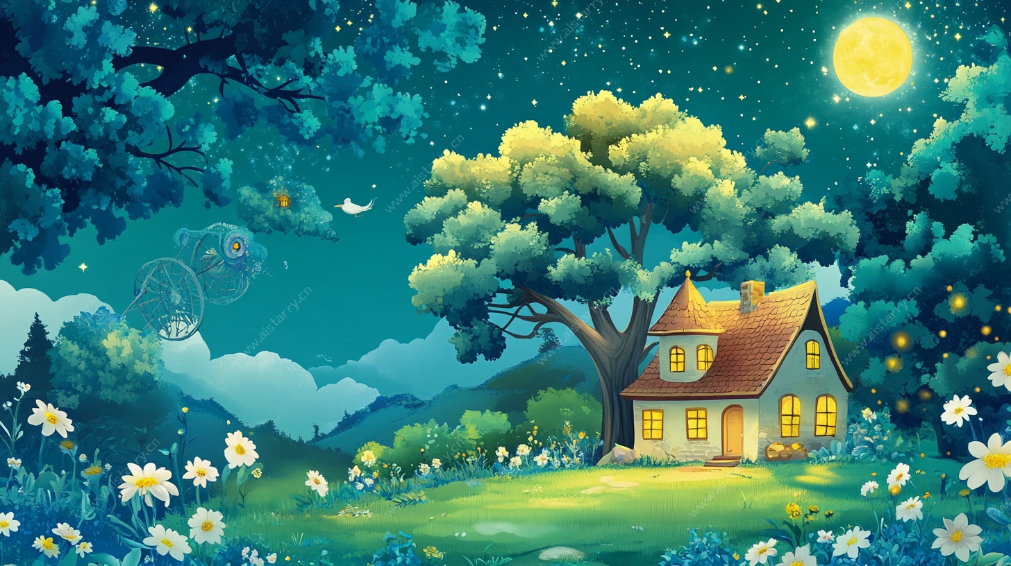 梦幻月夜下的静谧小屋