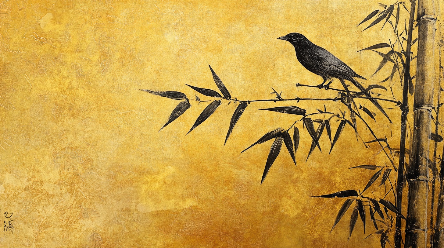 竹枝上的黑鸟水墨画