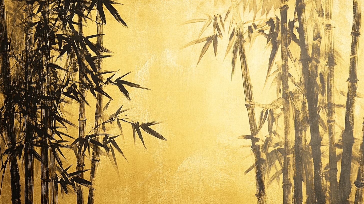 金色背景下的墨竹剪影