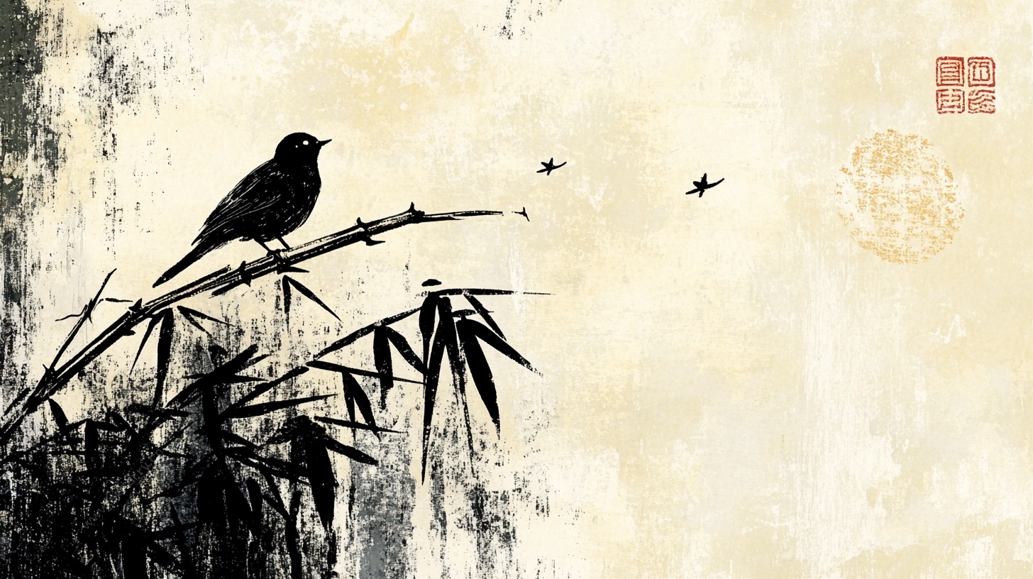 水墨竹枝上的栖鸟