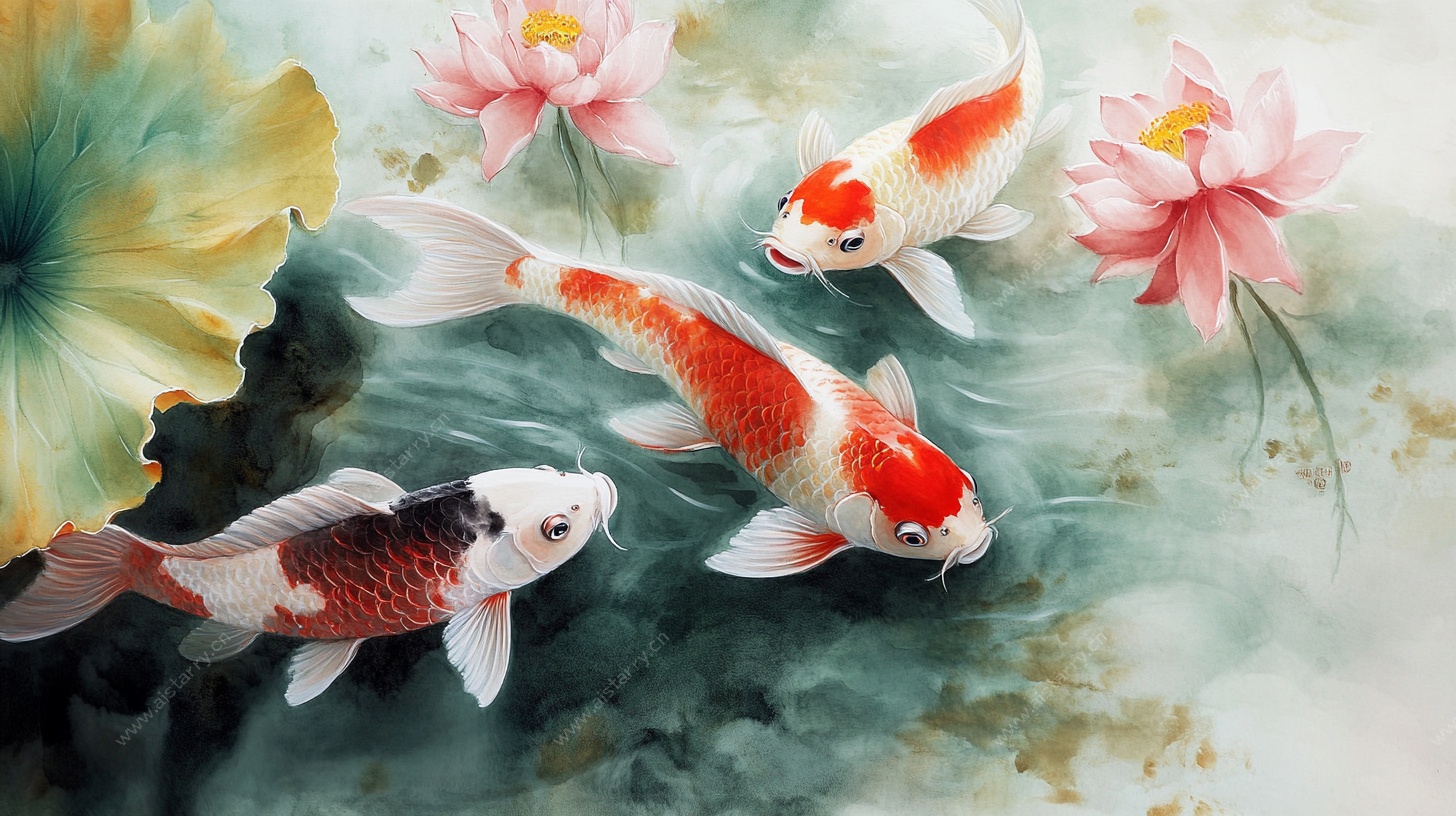 水墨锦鲤戏荷图