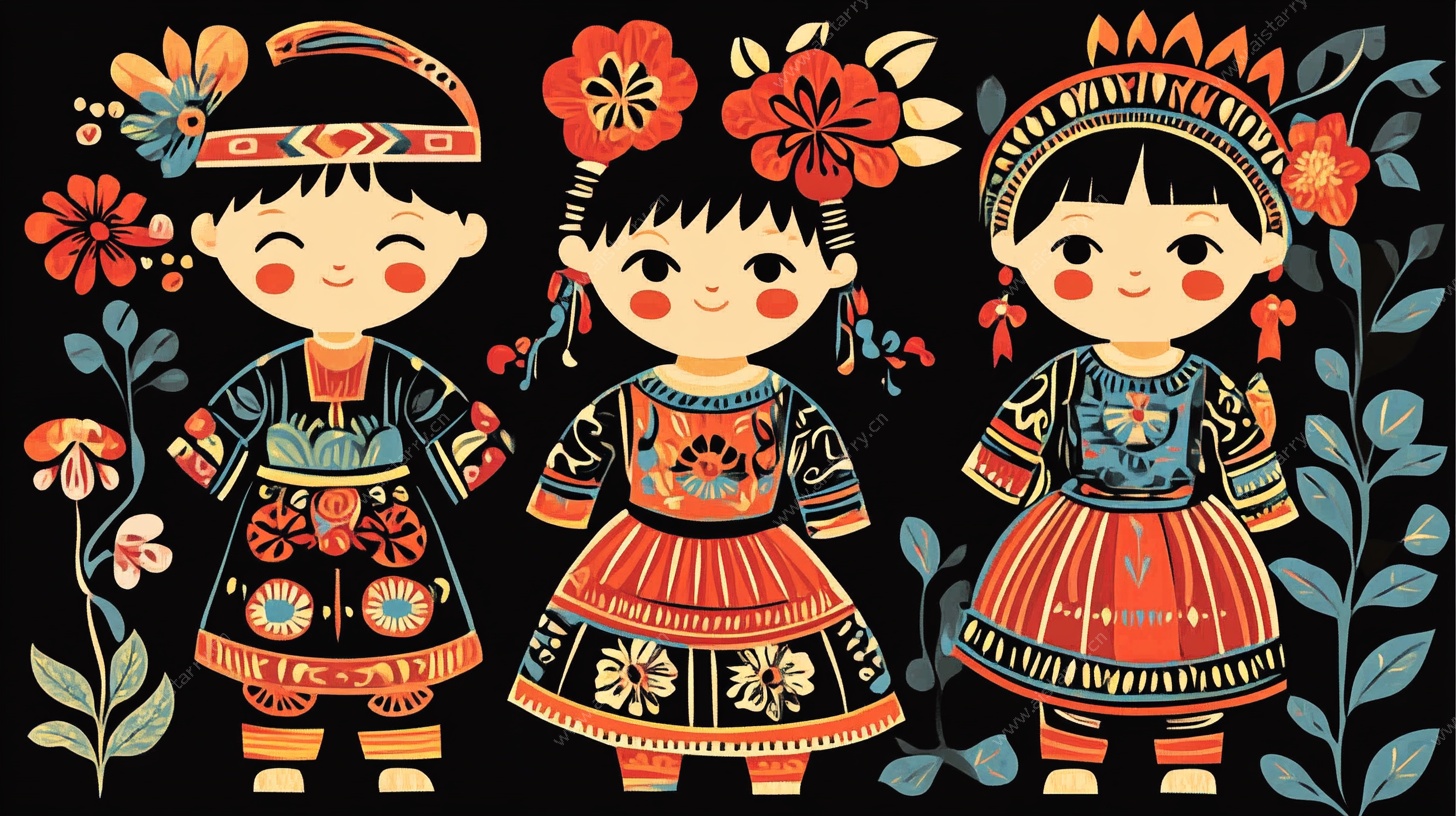 三个少数民族孩童插画