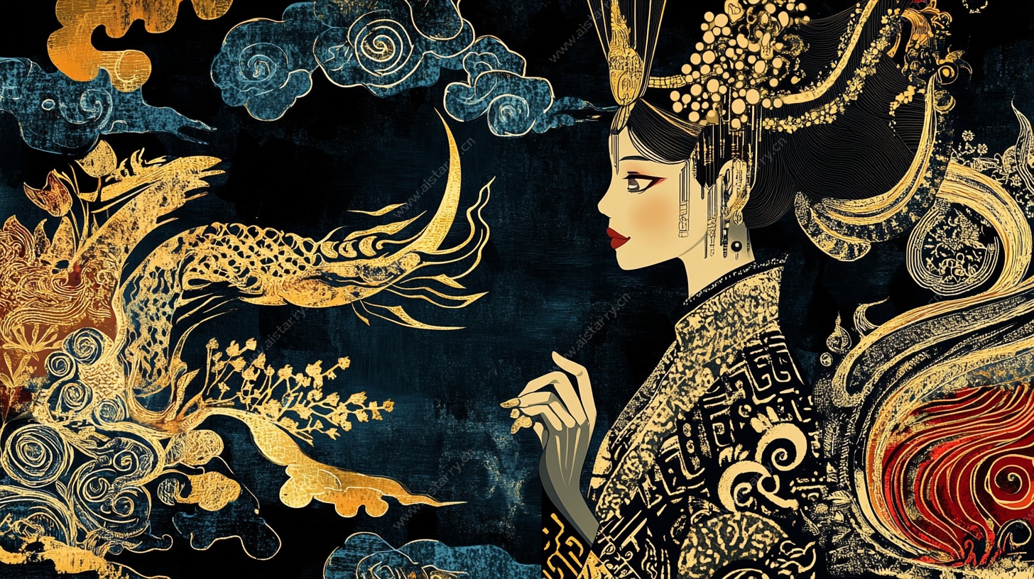 古风凤袍女子华丽插画