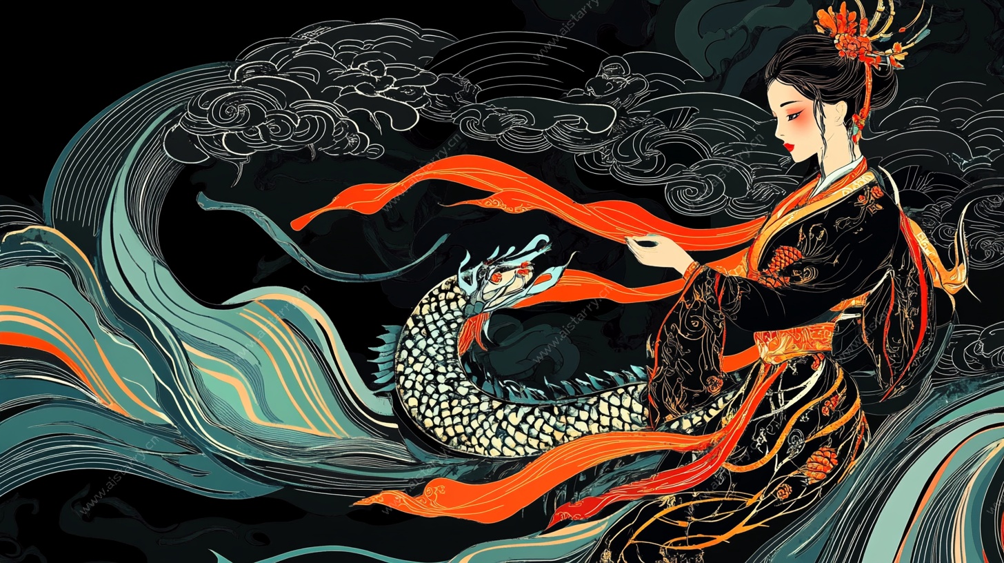 古风神女驭龙奇幻插画