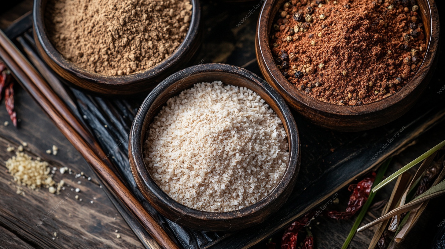 木制托盘上的多样调味粉