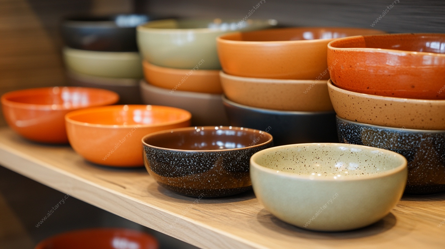 多彩陶瓷碗陈列架上展示