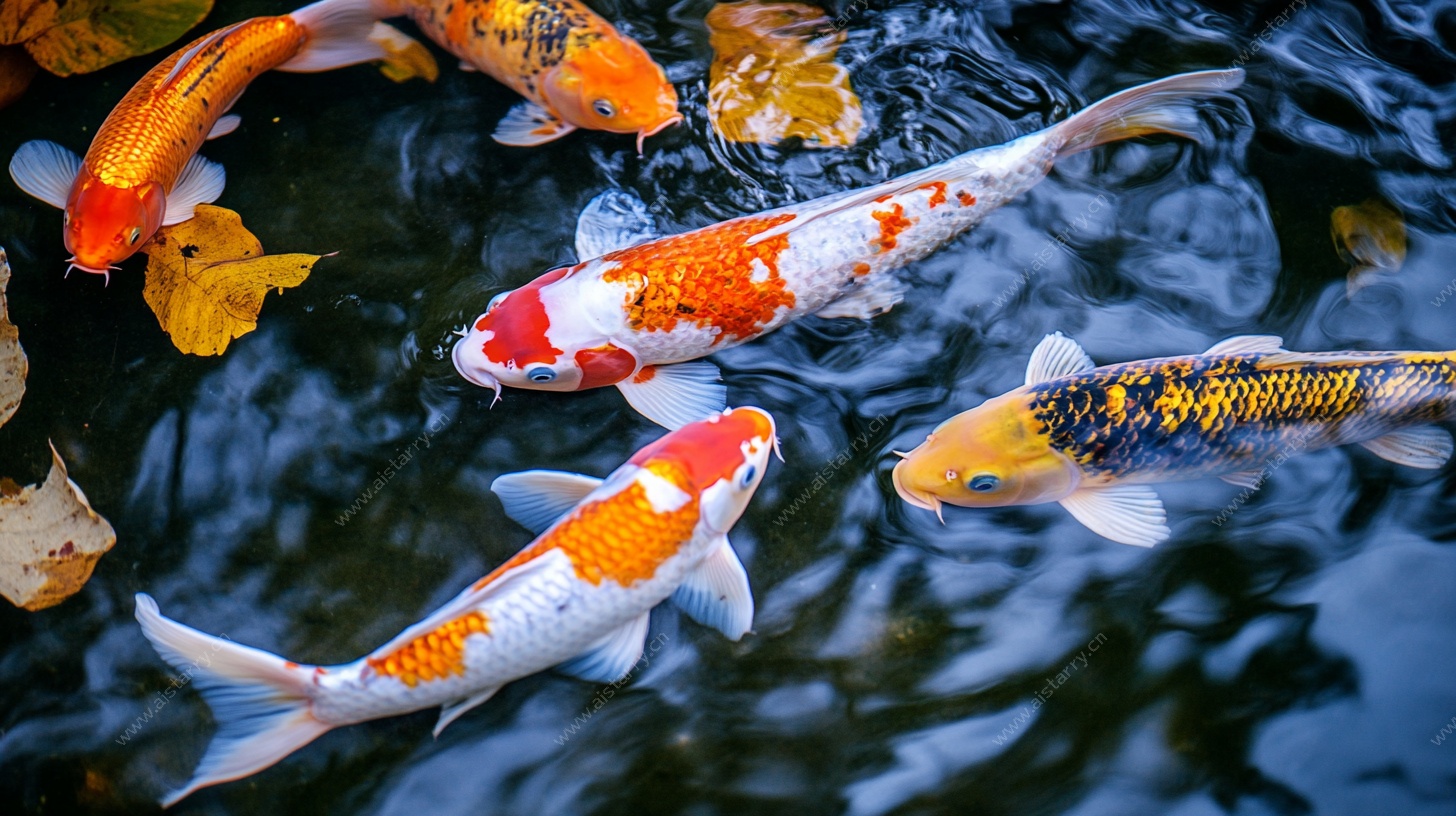 池塘中游动的多彩锦鲤