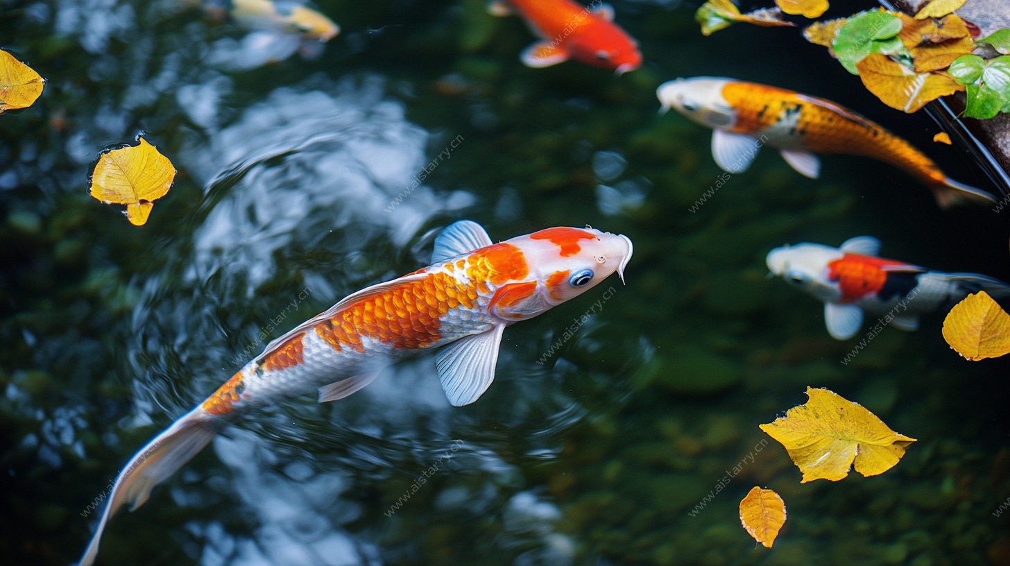 池塘中游动的多彩锦鲤