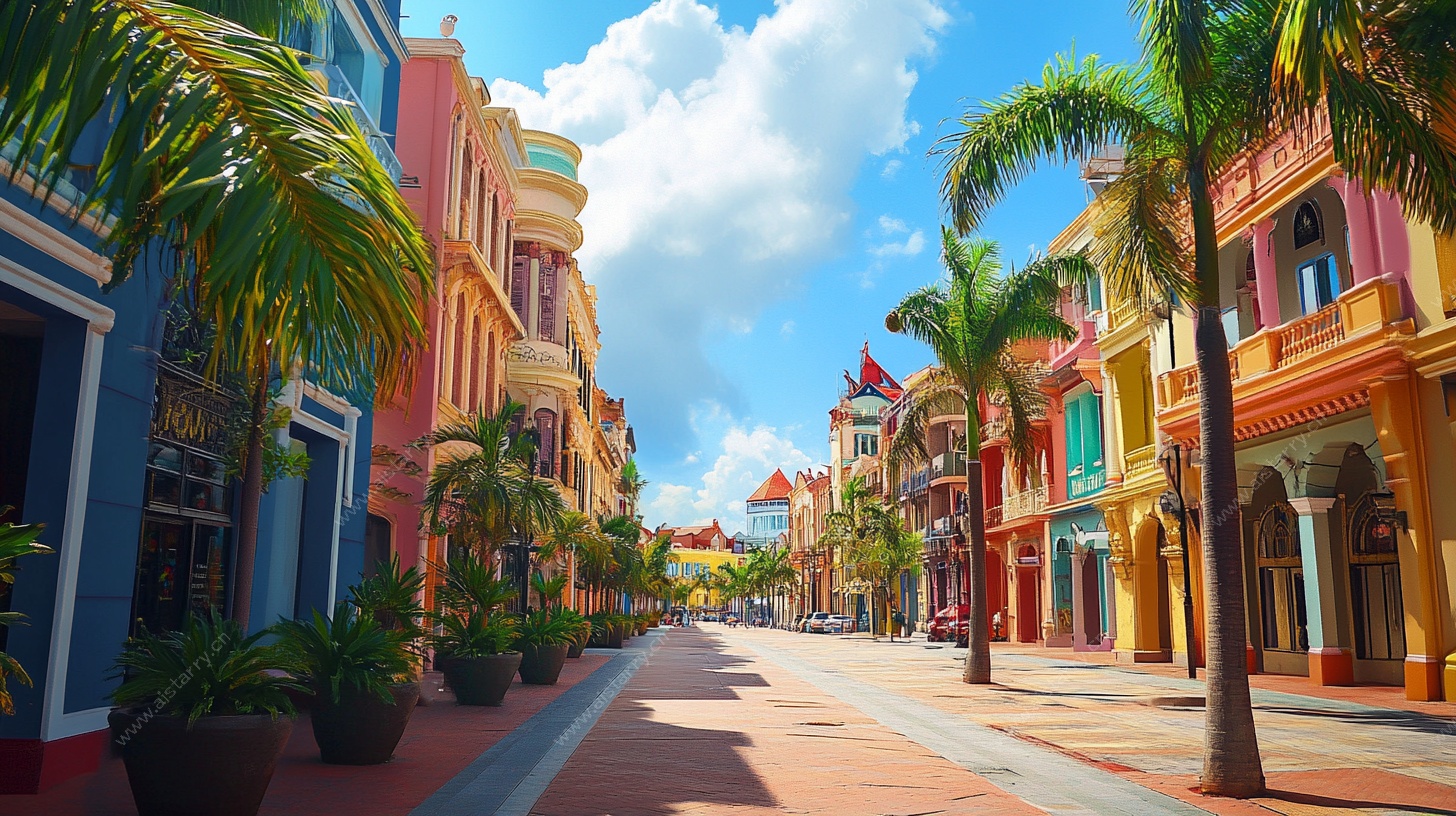 彩色街道与棕榈树美景