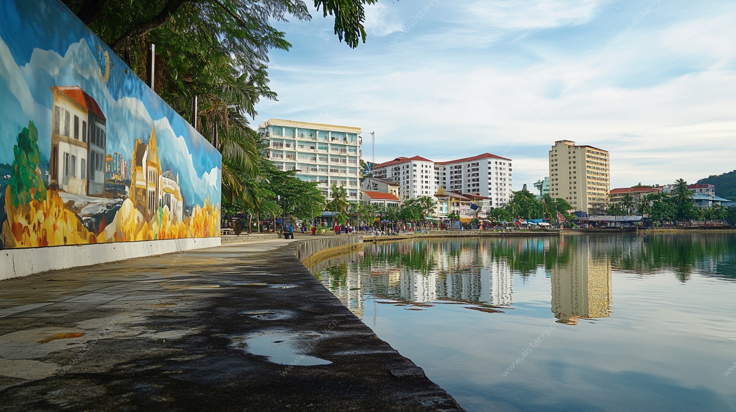 城市河畔彩绘风景