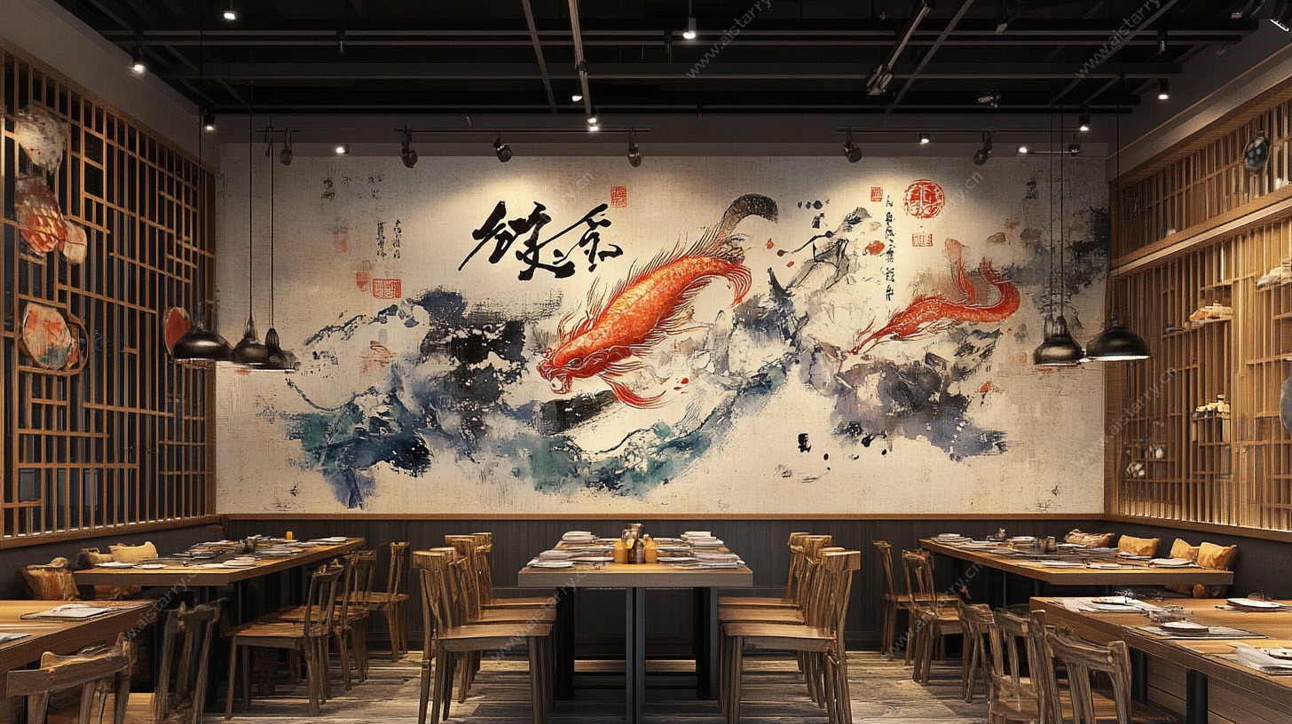 中式风餐厅 水墨鲤鱼壁画
