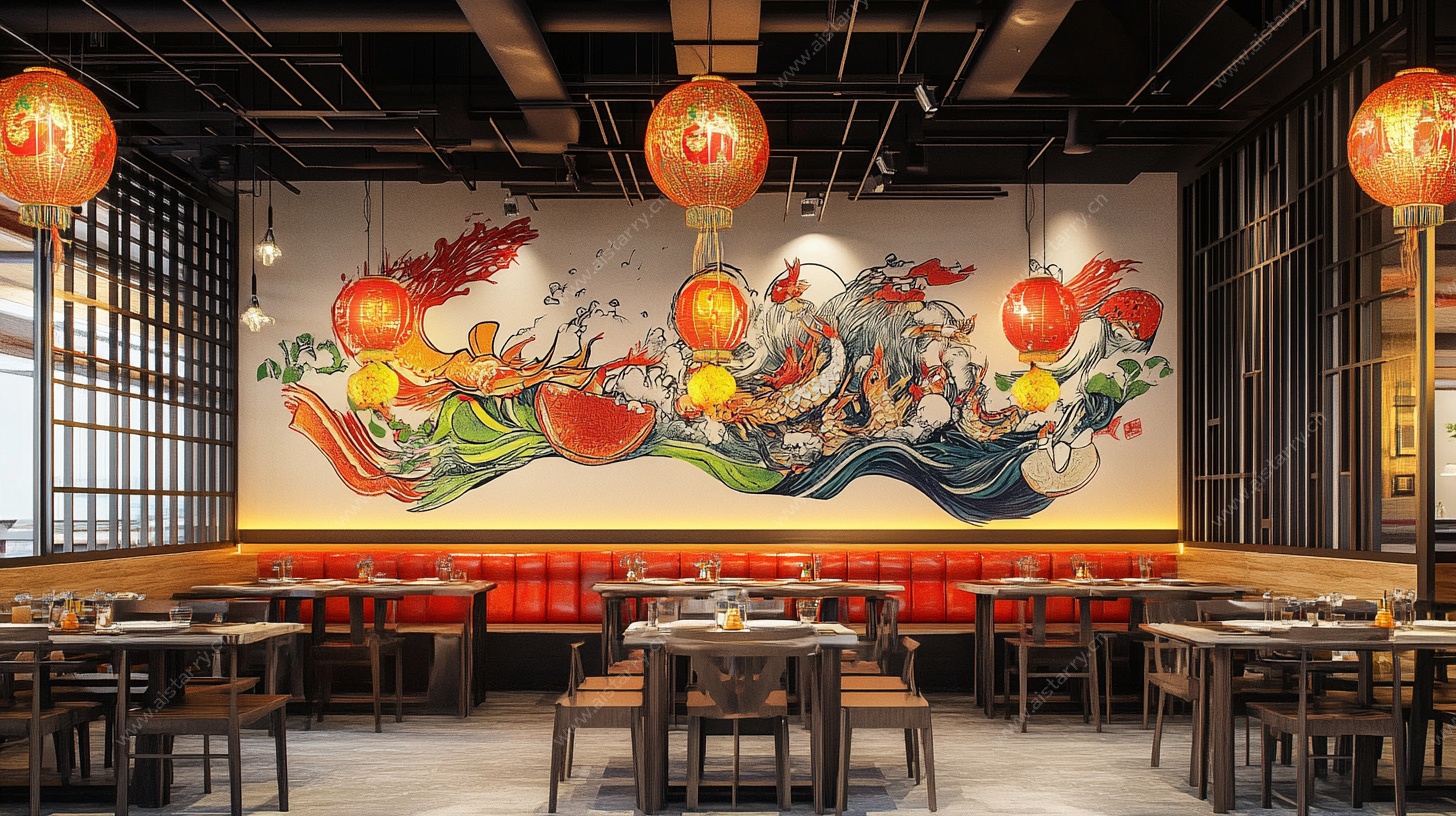 中式餐厅国风壁画装饰场景